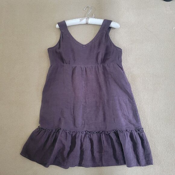 Sleeveless V-Neck Brown Ruffled Linen Dress ~ XL - Picture 3 of 7